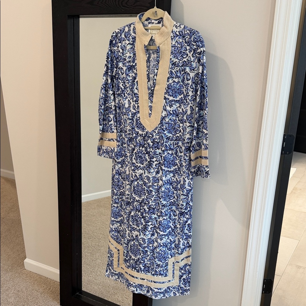 Sail to Sable Blue and Cream Long Sleeve Dress